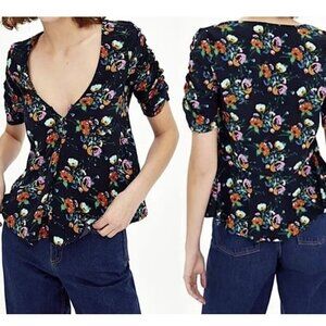 Zara Trafaluc V Neck Floral Gauze Ruched Sleeve Peplum Blouse Top NEW